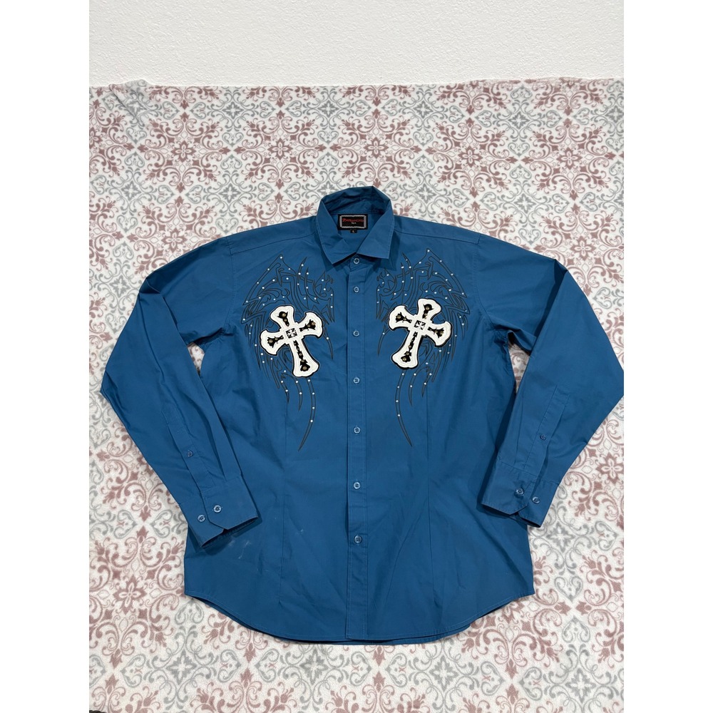 Patroncito USA Mens Blue Cross Wing Rhinestone Button Down Western Shirt Large